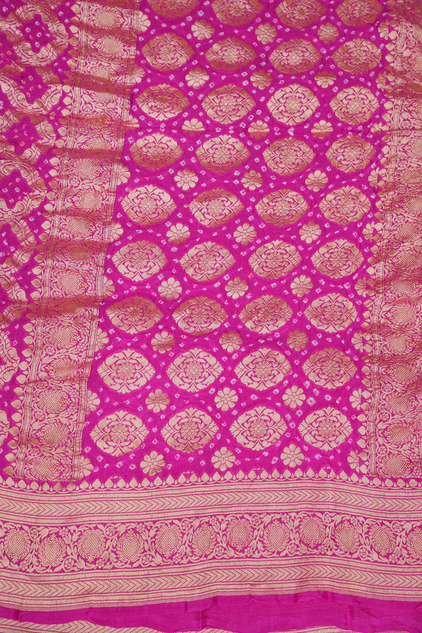 Purple & Hot Pink Ombre-Pure Georgette Handloom Banaras Neem Zari Bandhej Saree.