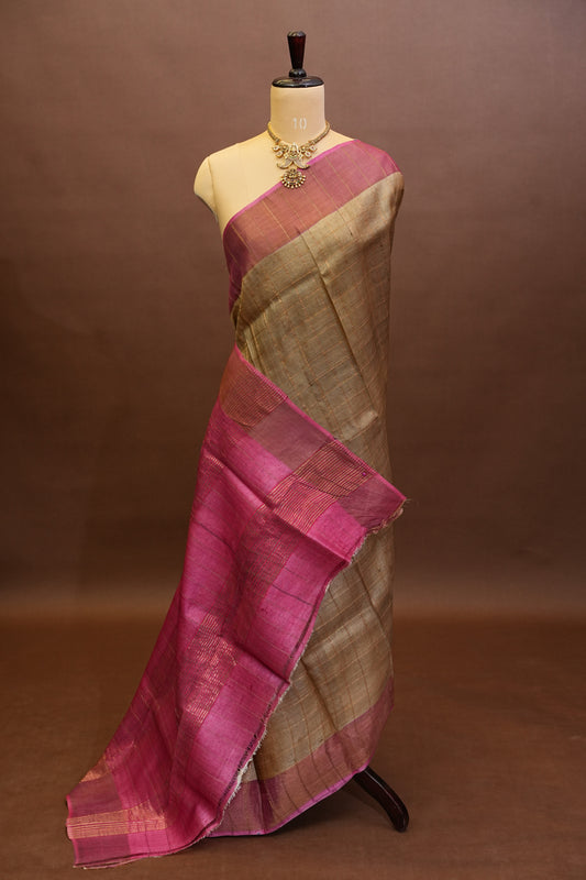 Pure Tussar Silk Saree with Handpainted Blouse-Beige