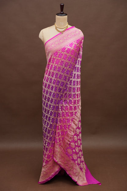 Purple & Hot Pink Ombre-Pure Georgette Handloom Banaras Neem Zari Bandhej Saree.