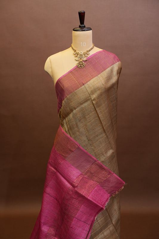 Pure Tussar Silk Saree with Handpainted Blouse-Beige