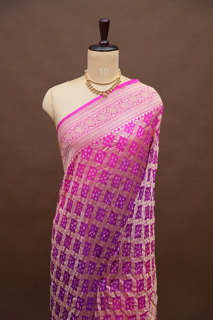 Purple & Hot Pink Ombre-Pure Georgette Handloom Banaras Neem Zari Bandhej Saree.