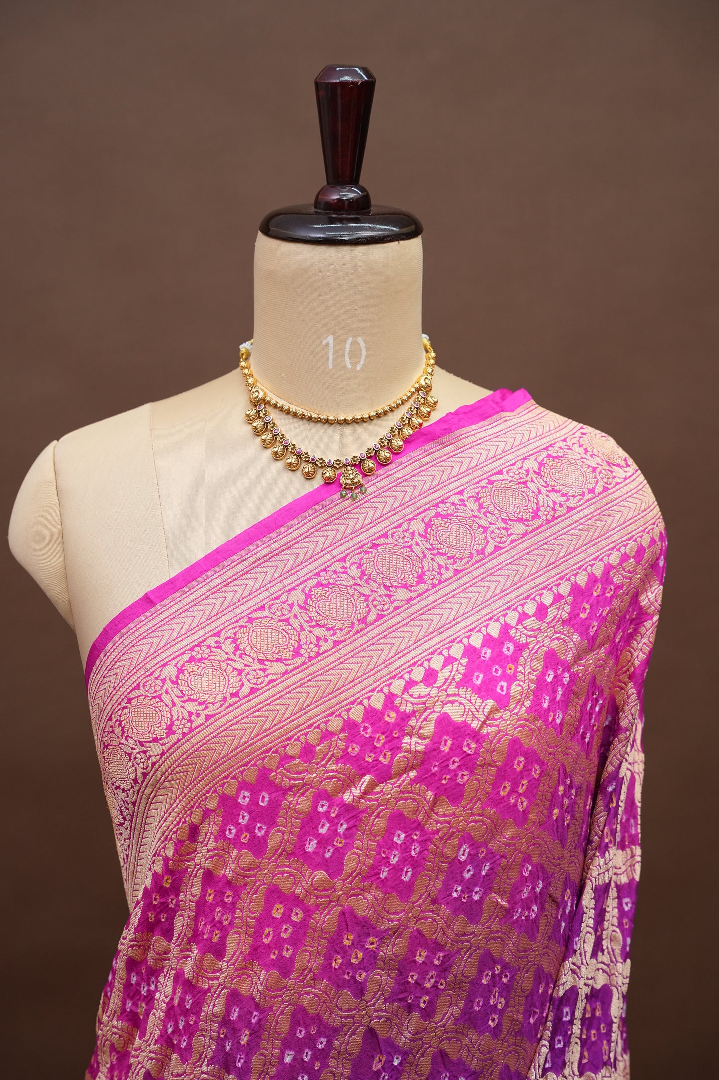 Purple & Hot Pink Ombre-Pure Georgette Handloom Banaras Neem Zari Bandhej Saree.