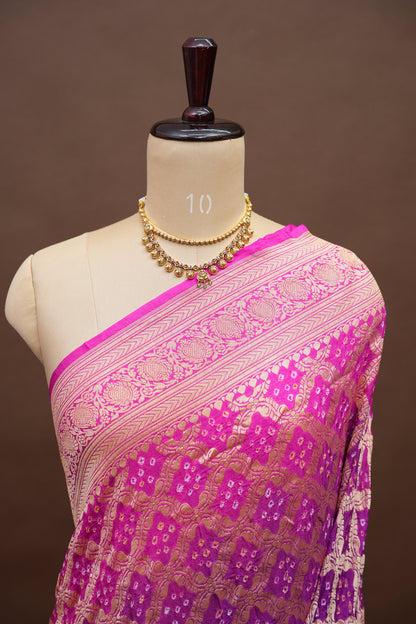 Purple & Hot Pink Ombre-Pure Georgette Handloom Banaras Neem Zari Bandhej Saree.