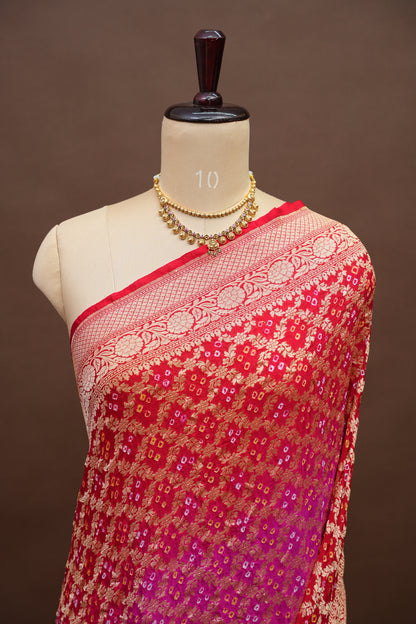 Red & Hot Pink Ombre-Pure Georgette Handloom Banaras Neem Zari Bandhej Saree.