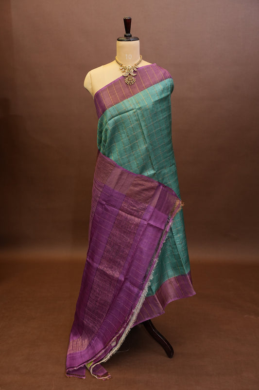 Pure Tussar Silk Saree with Handpainted Blouse-Sea Green