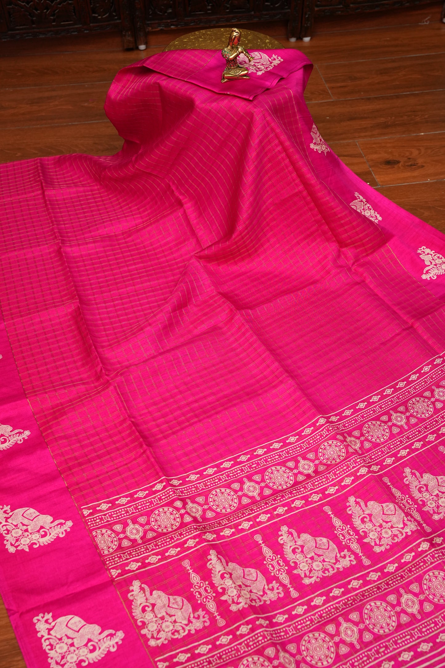 Semi Tussar Saree with Checkered Body & Elephant Motifs – Rani Pink