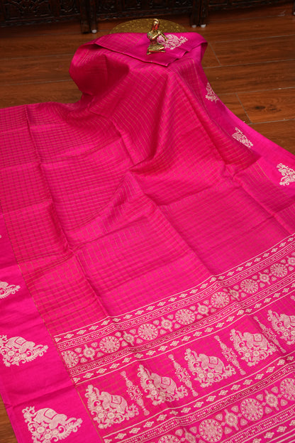 Semi Tussar Saree with Checkered Body & Elephant Motifs – Rani Pink