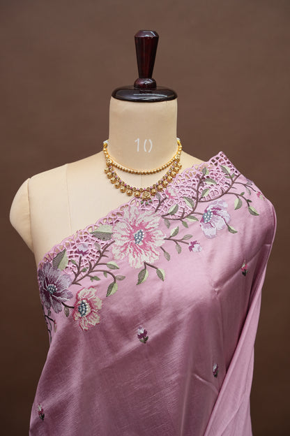 Party Wear Embroidered Soft Organza Saree – Pink Floral Elegance