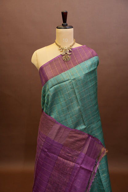 Pure Tussar Silk Saree with Handpainted Blouse-Sea Green|Silk Mark Certified