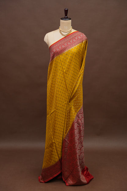 Pure Georgette Banarasi Silk Saree – Mustard Yellow with Rich Red Zari Border