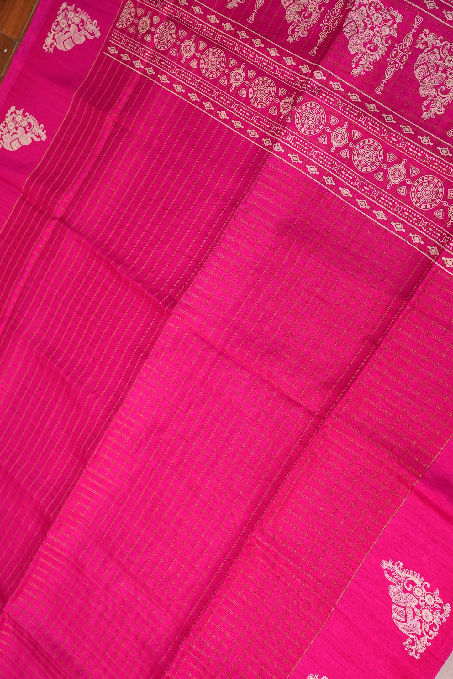 Semi Tussar Saree with Checkered Body & Elephant Motifs – Rani Pink
