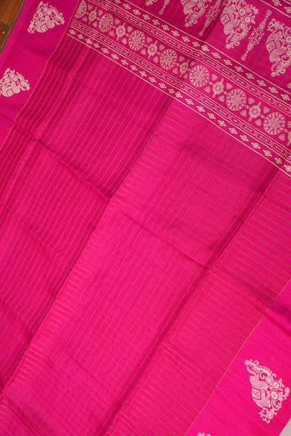 Semi Tussar Saree with Checkered Body & Elephant Motifs – Rani Pink