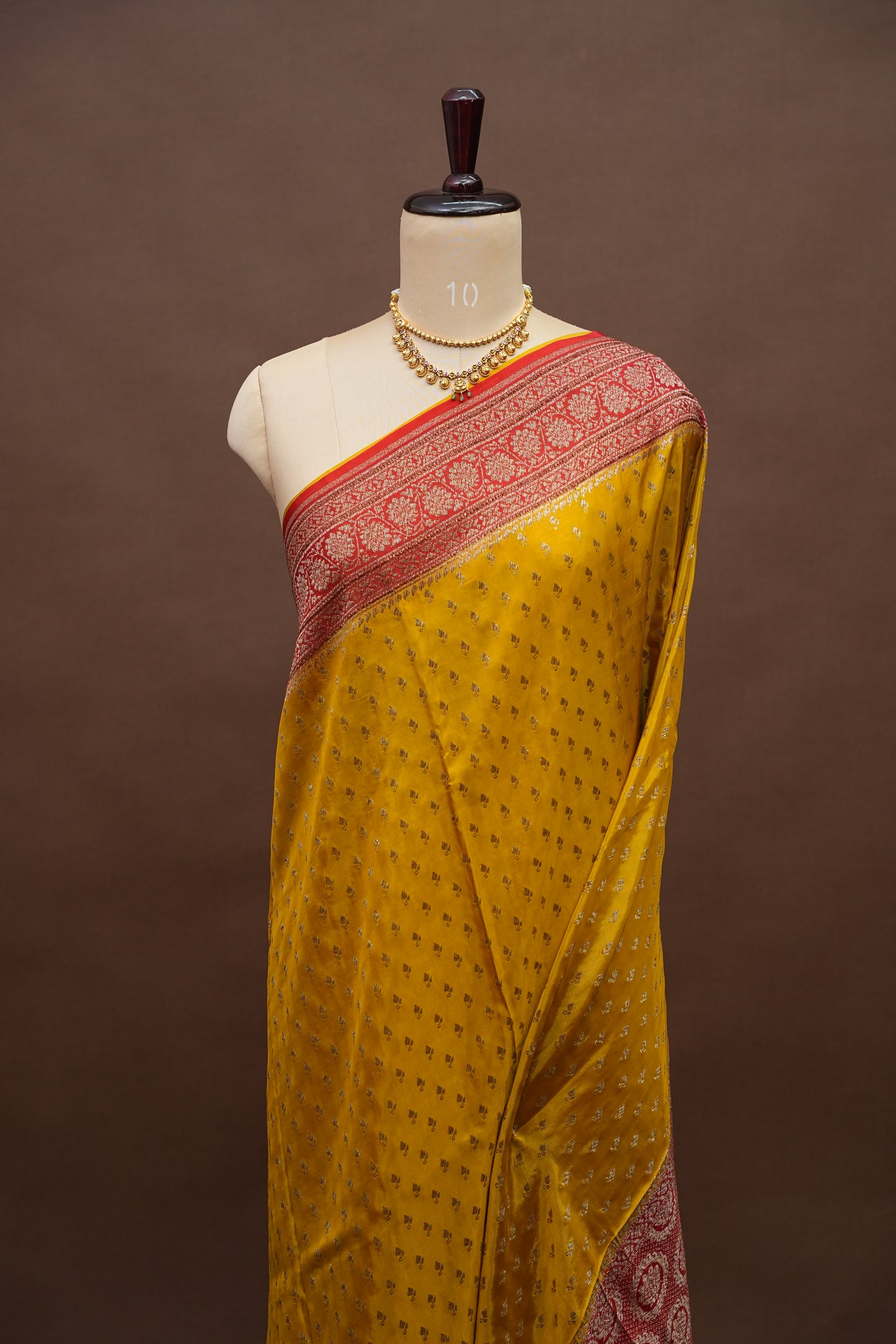 Pure Georgette Banarasi Silk Saree – Mustard Yellow with Rich Red Zari Border