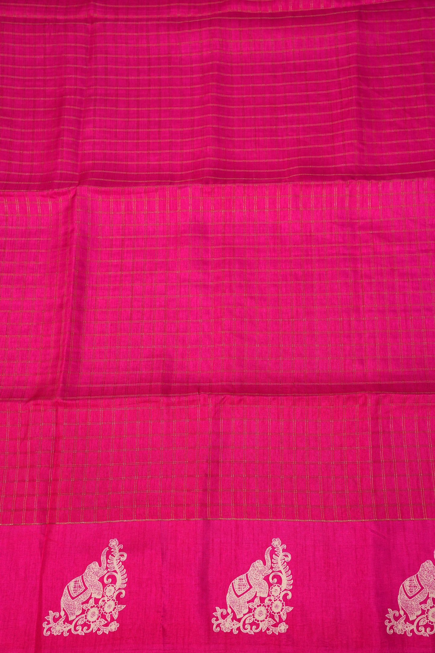 Semi Tussar Saree with Checkered Body & Elephant Motifs – Rani Pink