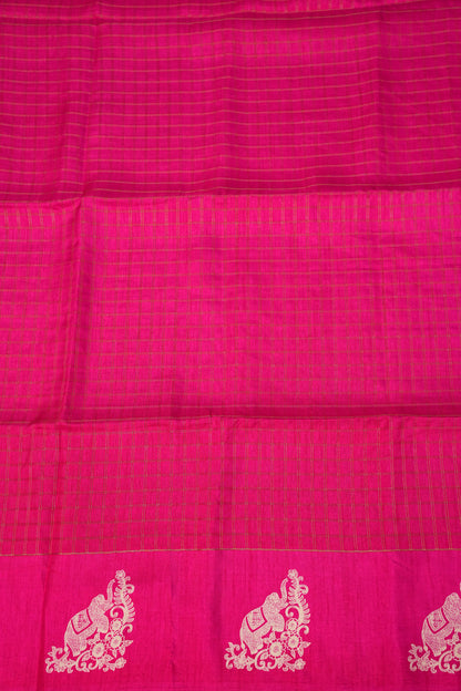 Semi Tussar Saree with Checkered Body & Elephant Motifs – Rani Pink