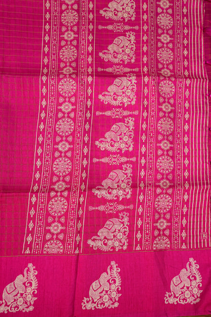 Semi Tussar Saree with Checkered Body & Elephant Motifs – Rani Pink