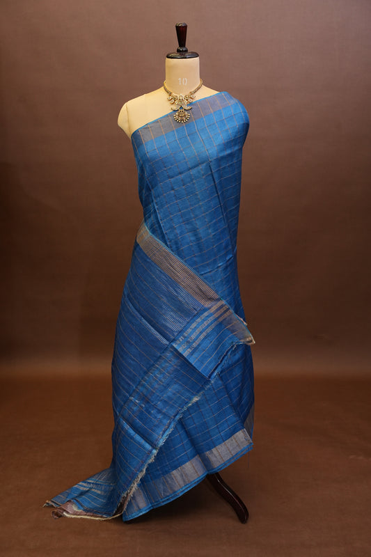 Pure Tussar Silk Saree with Handpainted Blouse-Blue