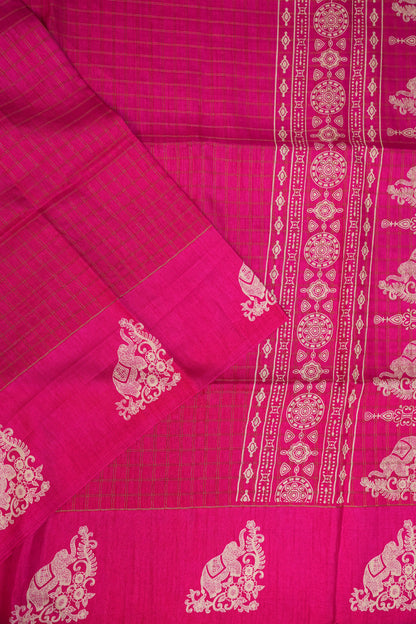 Semi Tussar Saree with Checkered Body & Elephant Motifs – Rani Pink