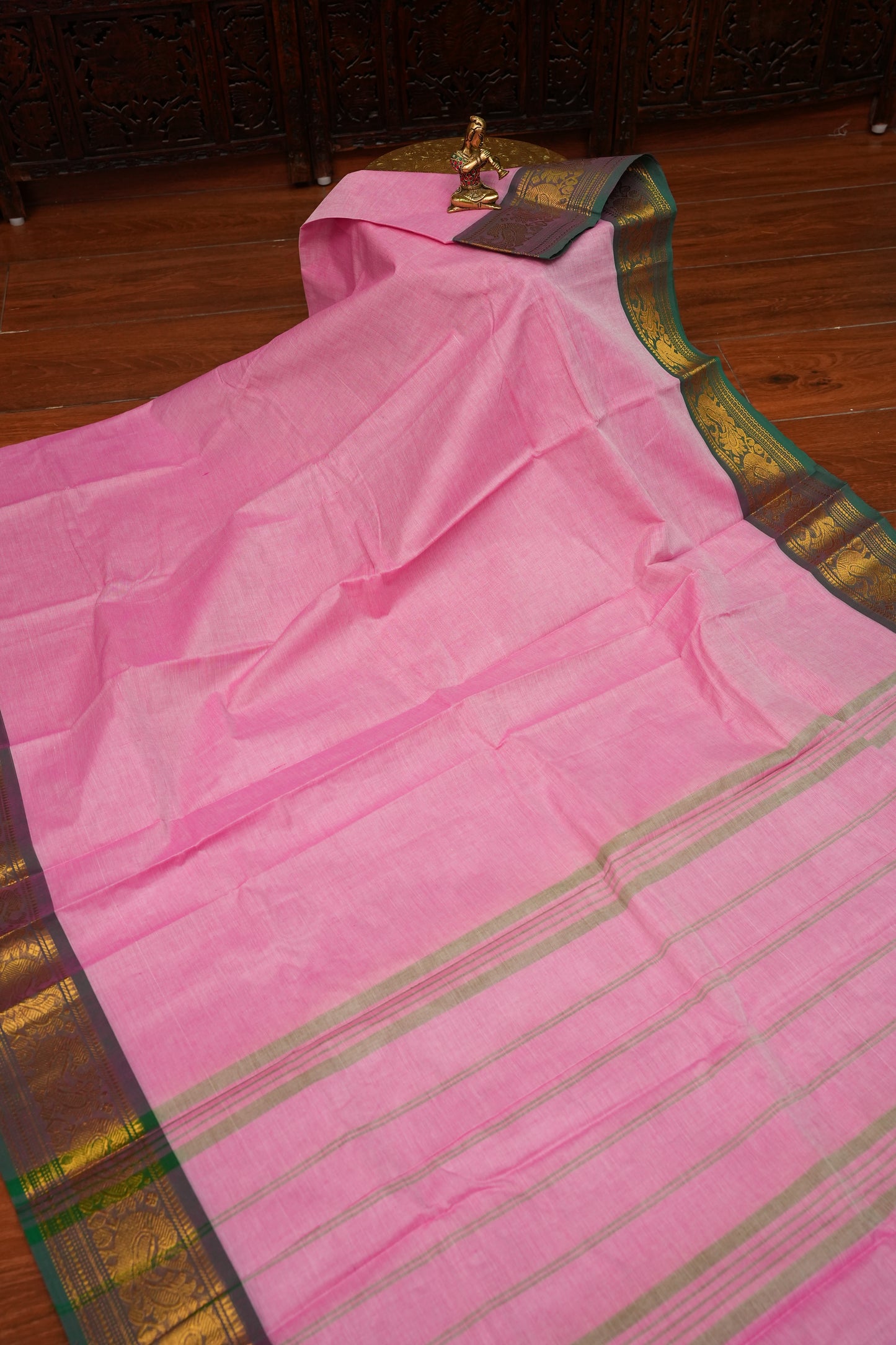 Pure Kanchi Cotton Saree – Soft Pink with Green & Gold Zari Border