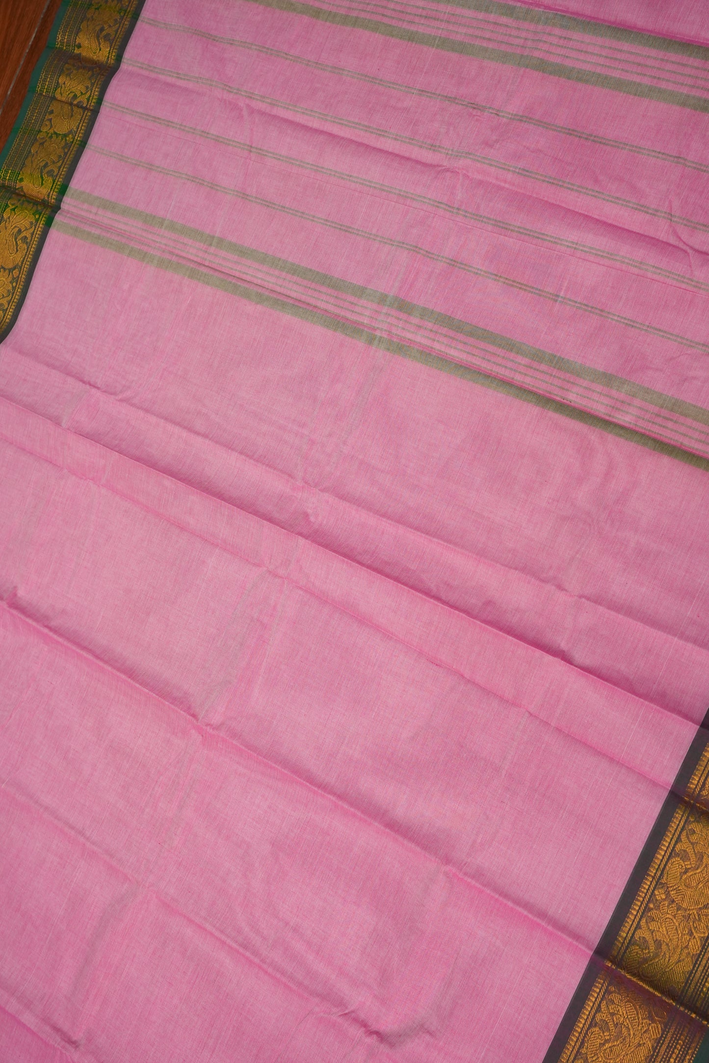 Pure Kanchi Cotton Saree – Soft Pink with Green & Gold Zari Border