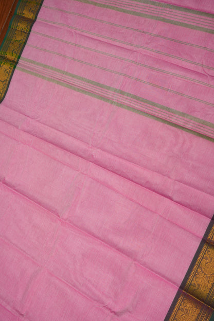 Pure Kanchi Cotton Saree – Soft Pink with Green & Gold Zari Border