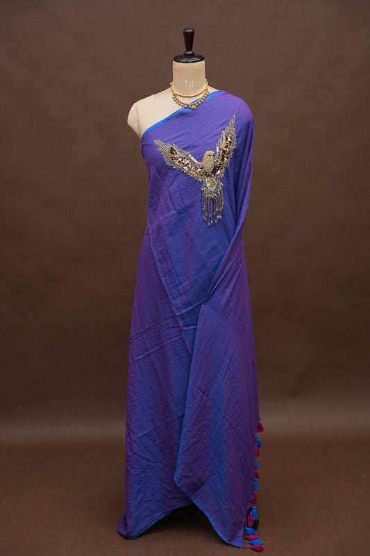 Royal Blue Mul Mul Cotton Party Wear Saree with Handcrafted Flying Eagle Embellishment