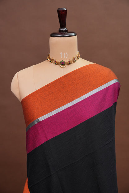 Mulmul Cotton Saree with Tassels - Black & Pink
