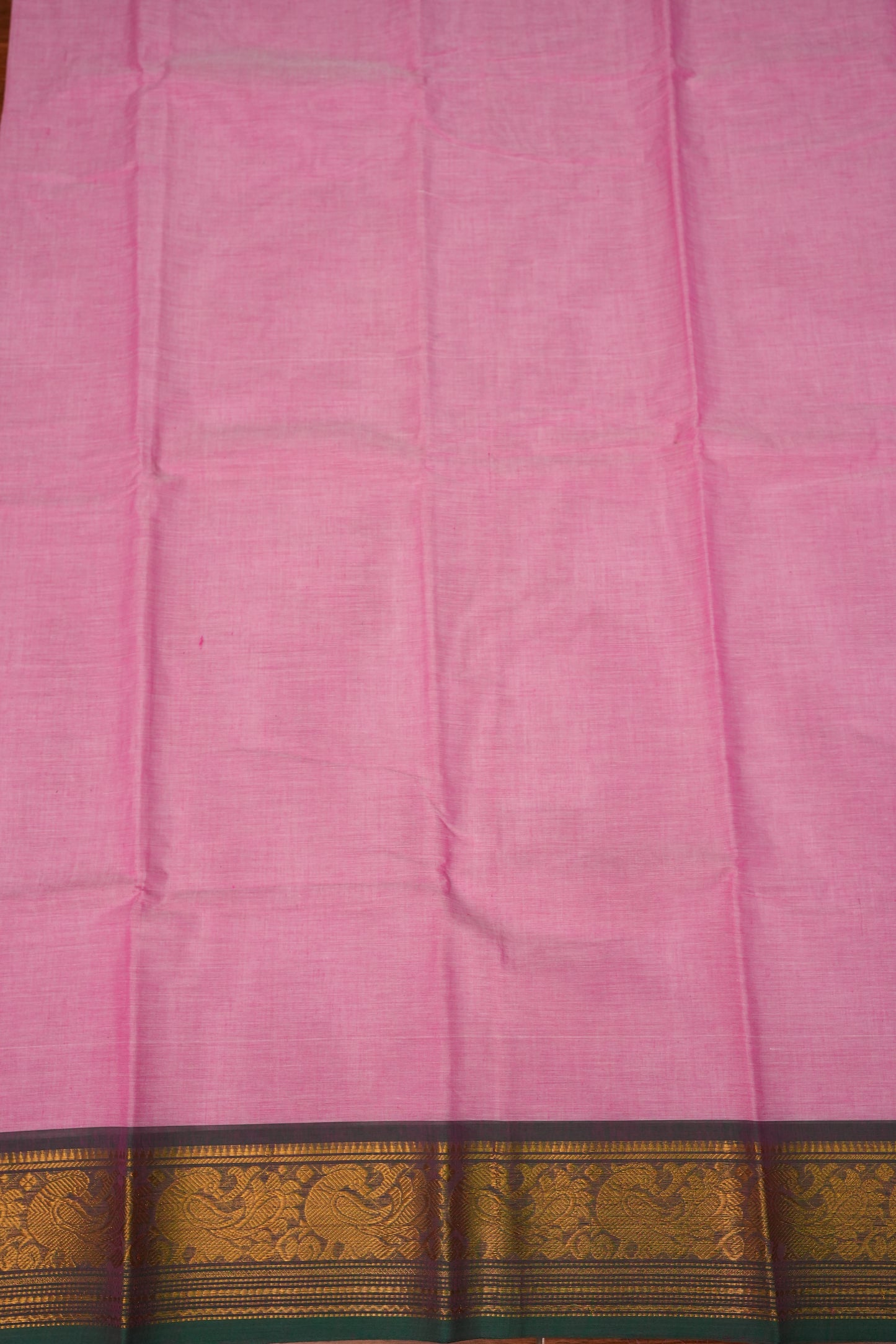 Pure Kanchi Cotton Saree – Soft Pink with Green & Gold Zari Border