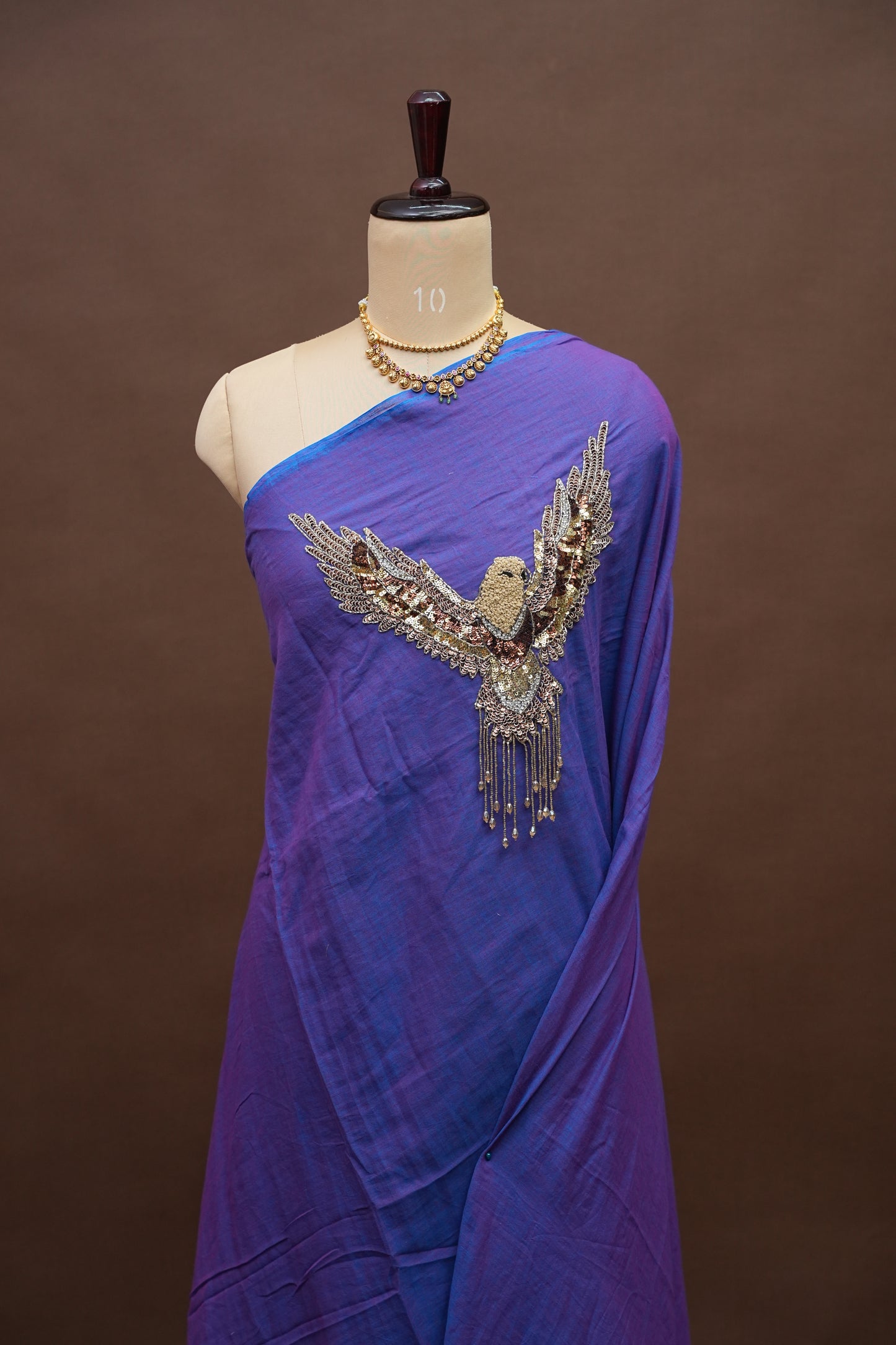 Royal Blue Mul Mul Cotton Party Wear Saree with Handcrafted Flying Eagle Embellishment