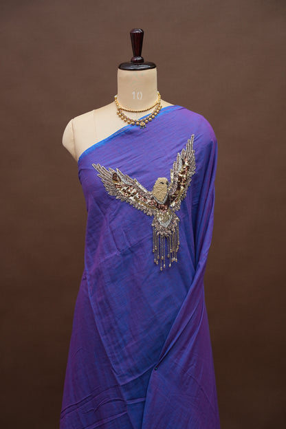 Royal Blue Mul Mul Cotton Party Wear Saree with Handcrafted Flying Eagle Embellishment