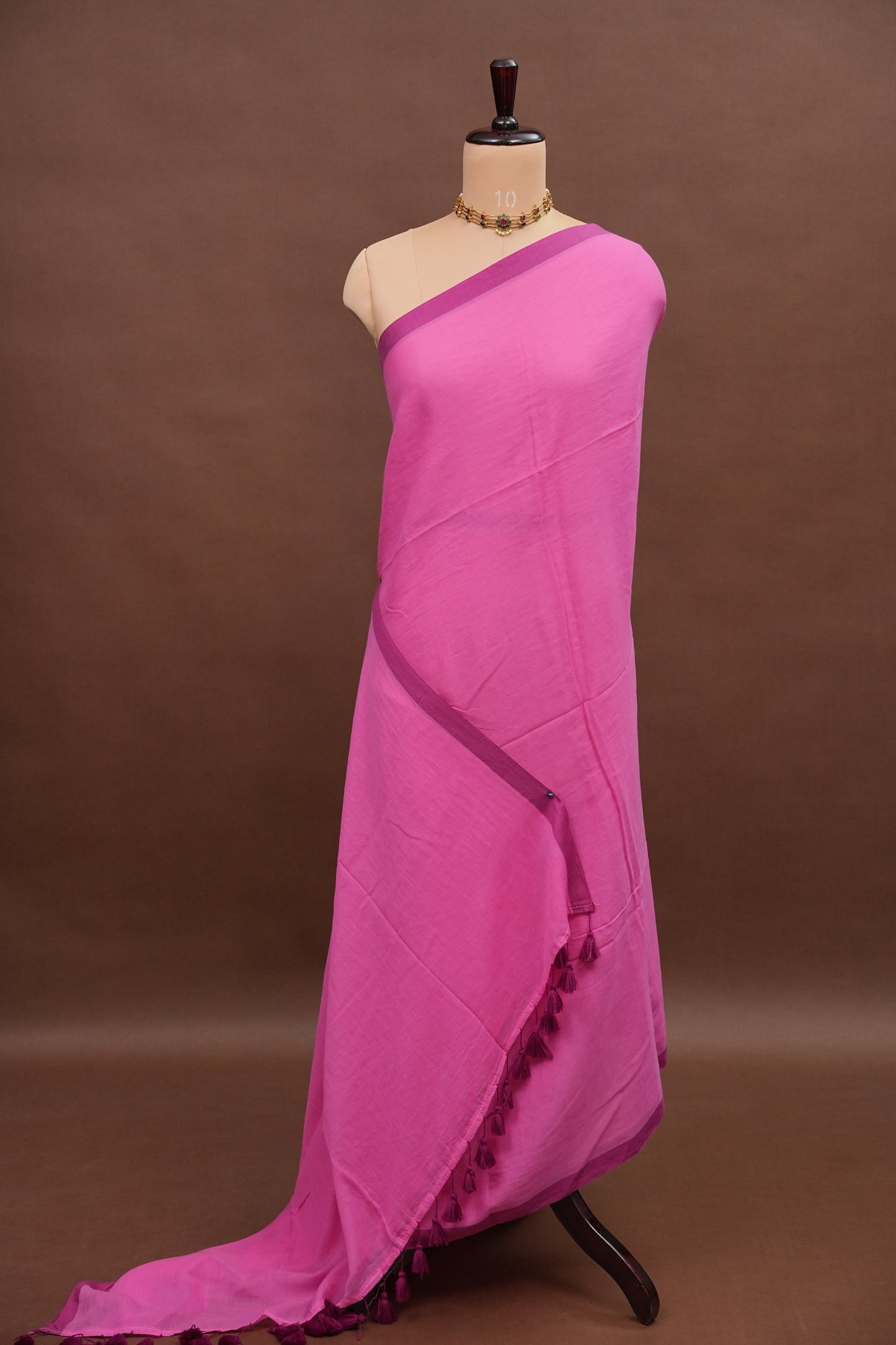 Mulmul Cotton Saree with Tassels - Pink