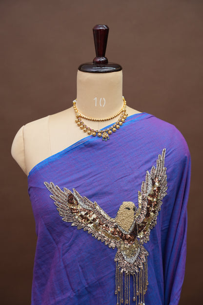 Royal Blue Mul Mul Cotton Party Wear Saree with Handcrafted Flying Eagle Embellishment