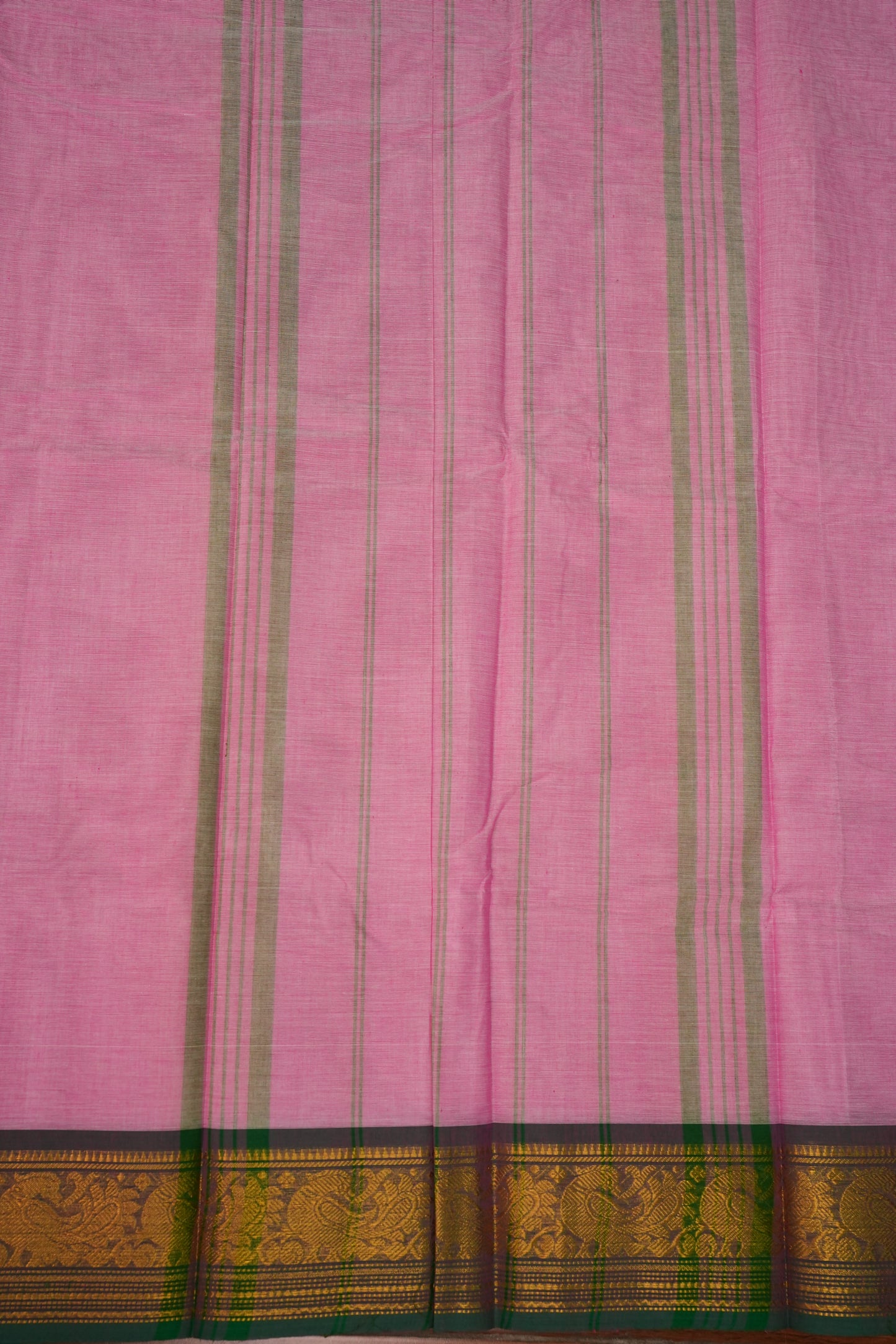 Pure Kanchi Cotton Saree – Soft Pink with Green & Gold Zari Border