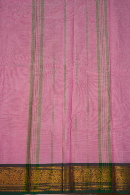Pure Kanchi Cotton Saree – Soft Pink with Green & Gold Zari Border