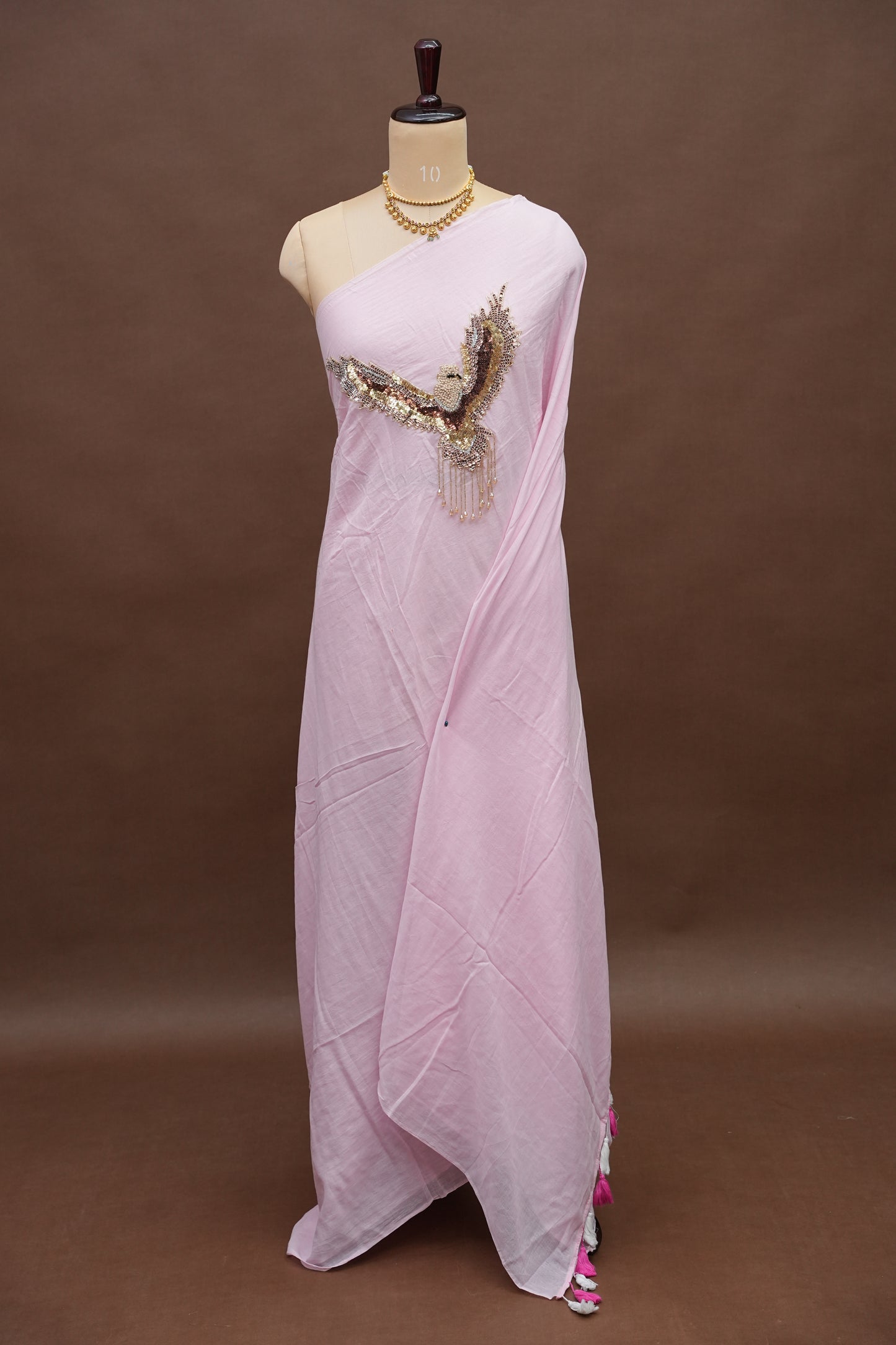 Blush Pink Mul Mul Cotton Party Wear Saree with Handcrafted Flying Eagle Embellishment