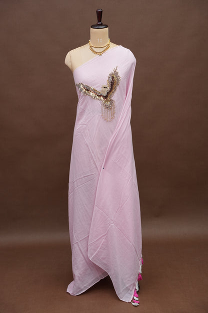 Blush Pink Mul Mul Cotton Party Wear Saree with Handcrafted Flying Eagle Embellishment