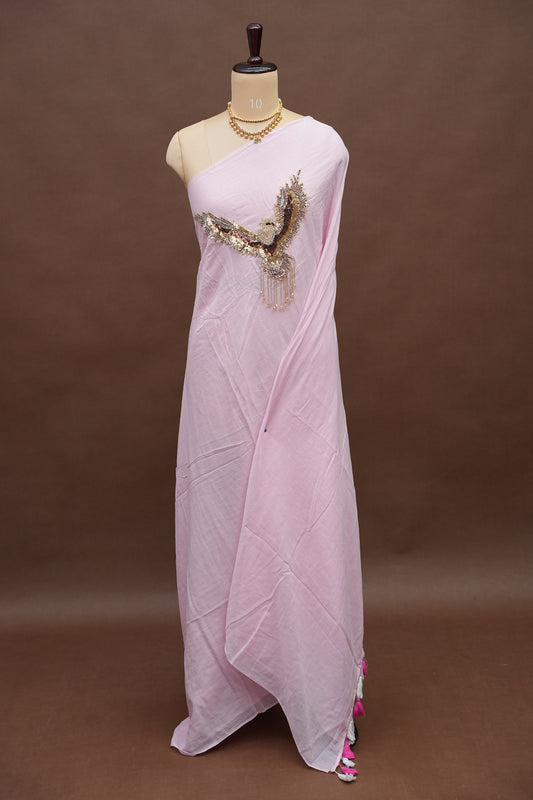Blush Pink Mul Mul Cotton Party Wear Saree with Handcrafted Flying Eagle Embellishment