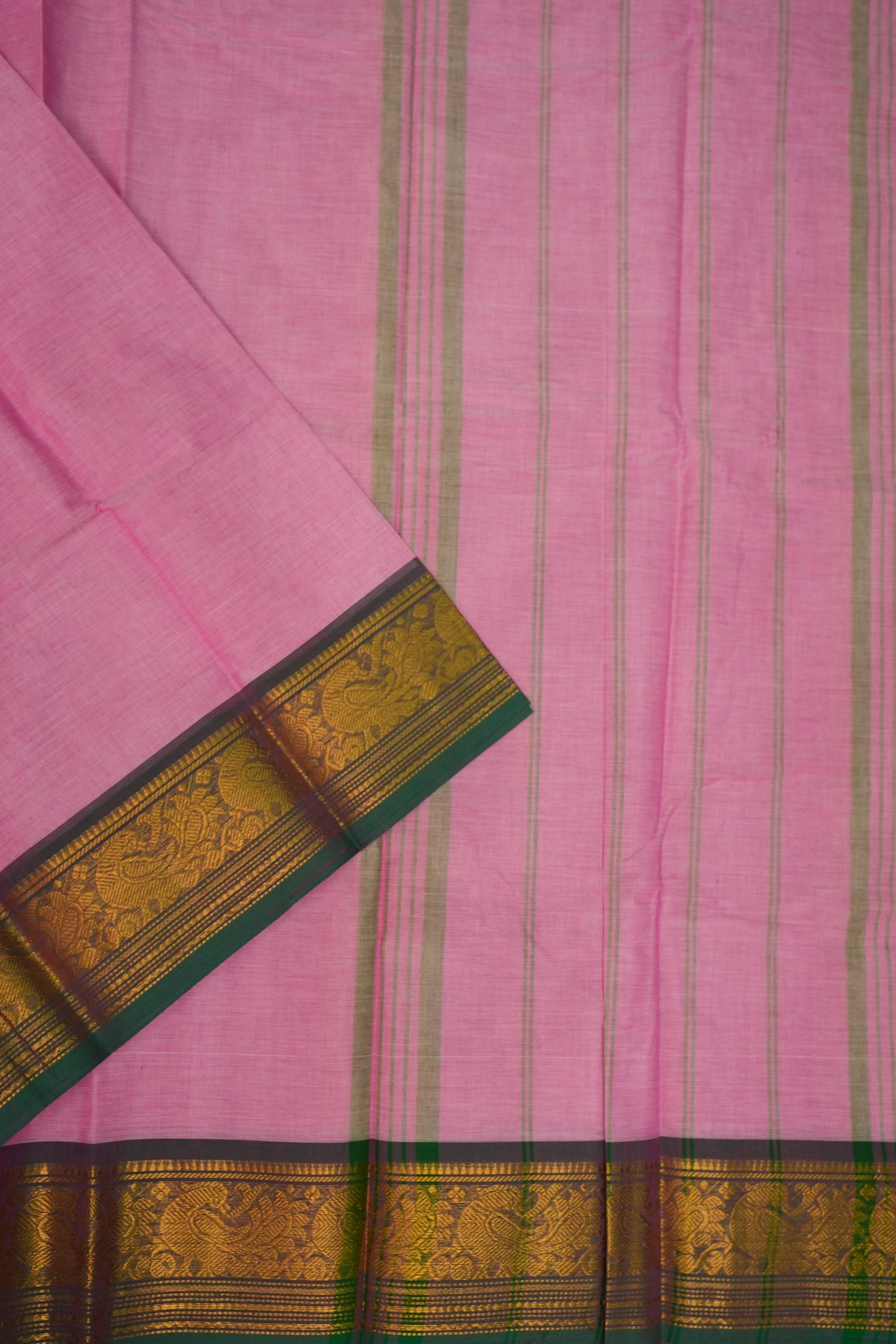 Pure Kanchi Cotton Saree – Soft Pink with Green & Gold Zari Border