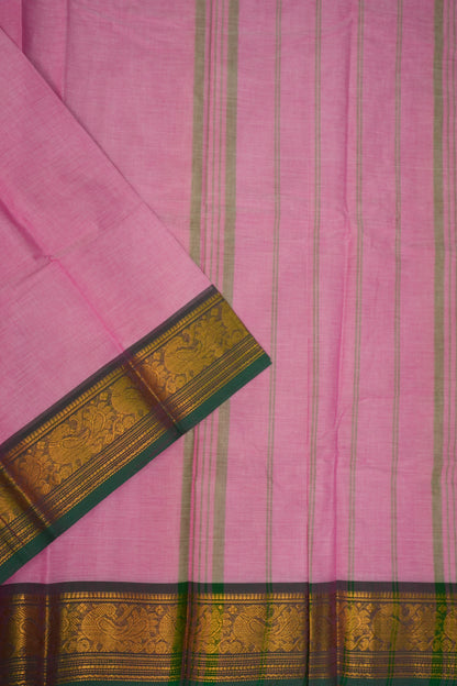 Pure Kanchi Cotton Saree – Soft Pink with Green & Gold Zari Border