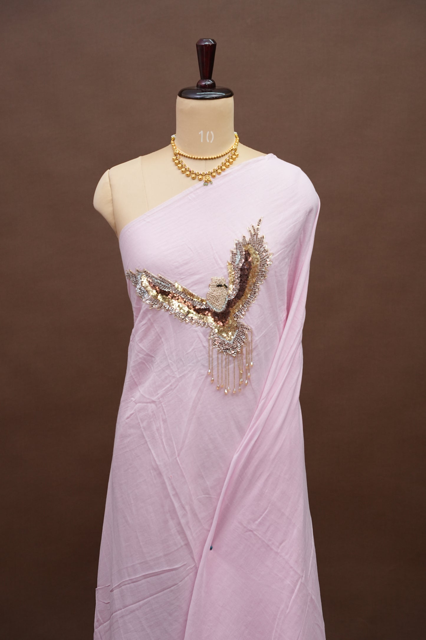 Blush Pink Mul Mul Cotton Party Wear Saree with Handcrafted Flying Eagle Embellishment