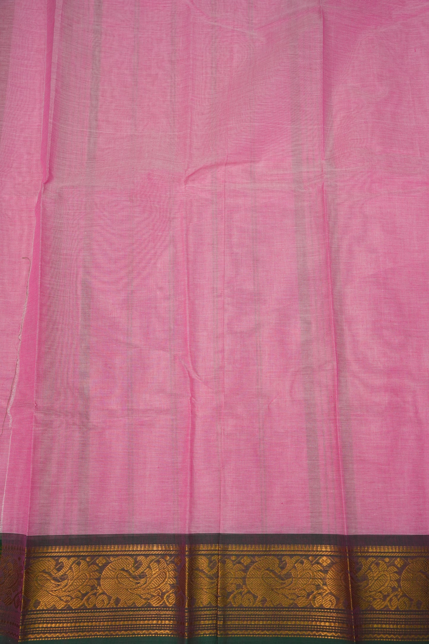 Pure Kanchi Cotton Saree – Soft Pink with Green & Gold Zari Border