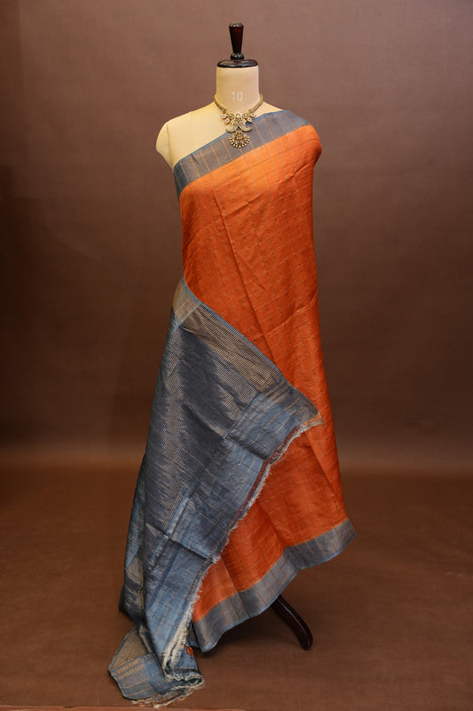 Pure Tussar Silk Saree with Handpainted Blouse-Orange