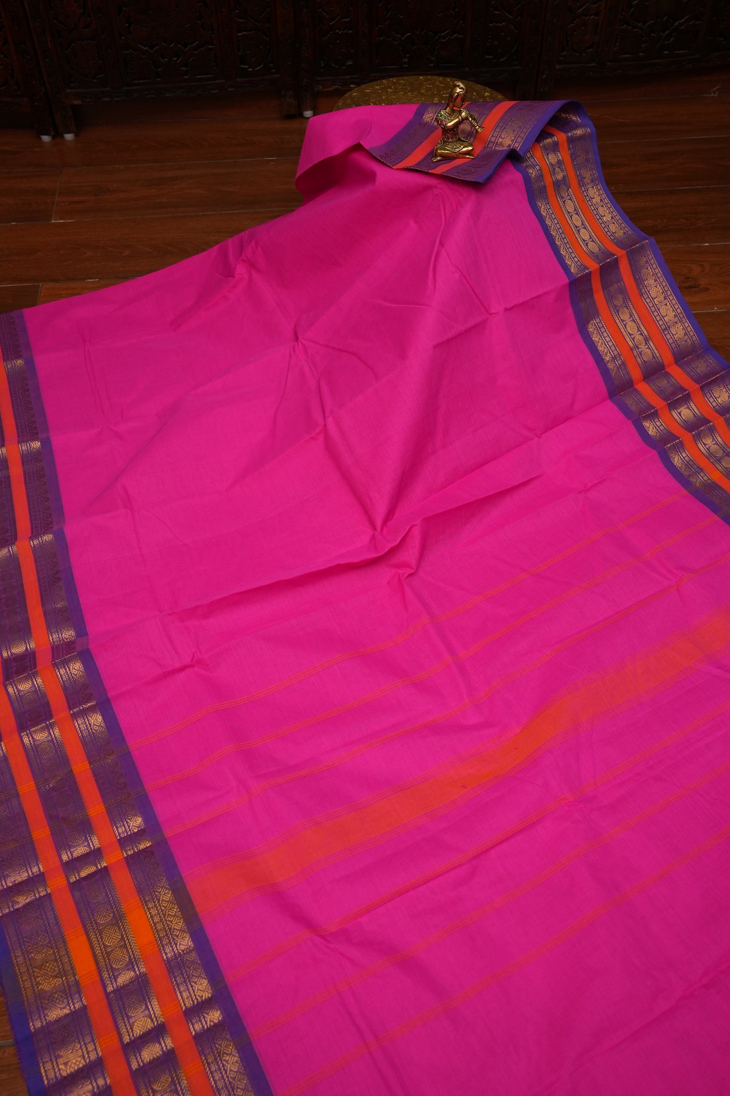 Pure Kanchi Cotton Saree – Rani Pink with Purple & Orange Zari Border