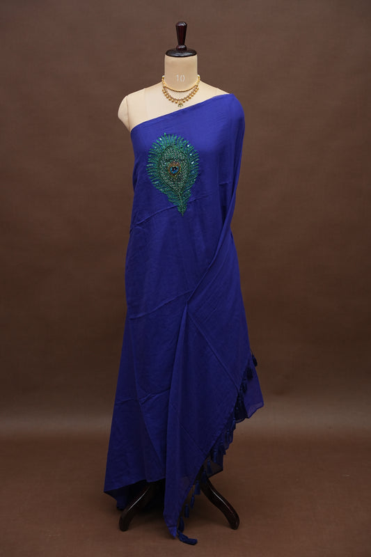 Royal Blue Mul Mul Cotton Party Wear Saree with Handcrafted Peacock Feather Embellishment