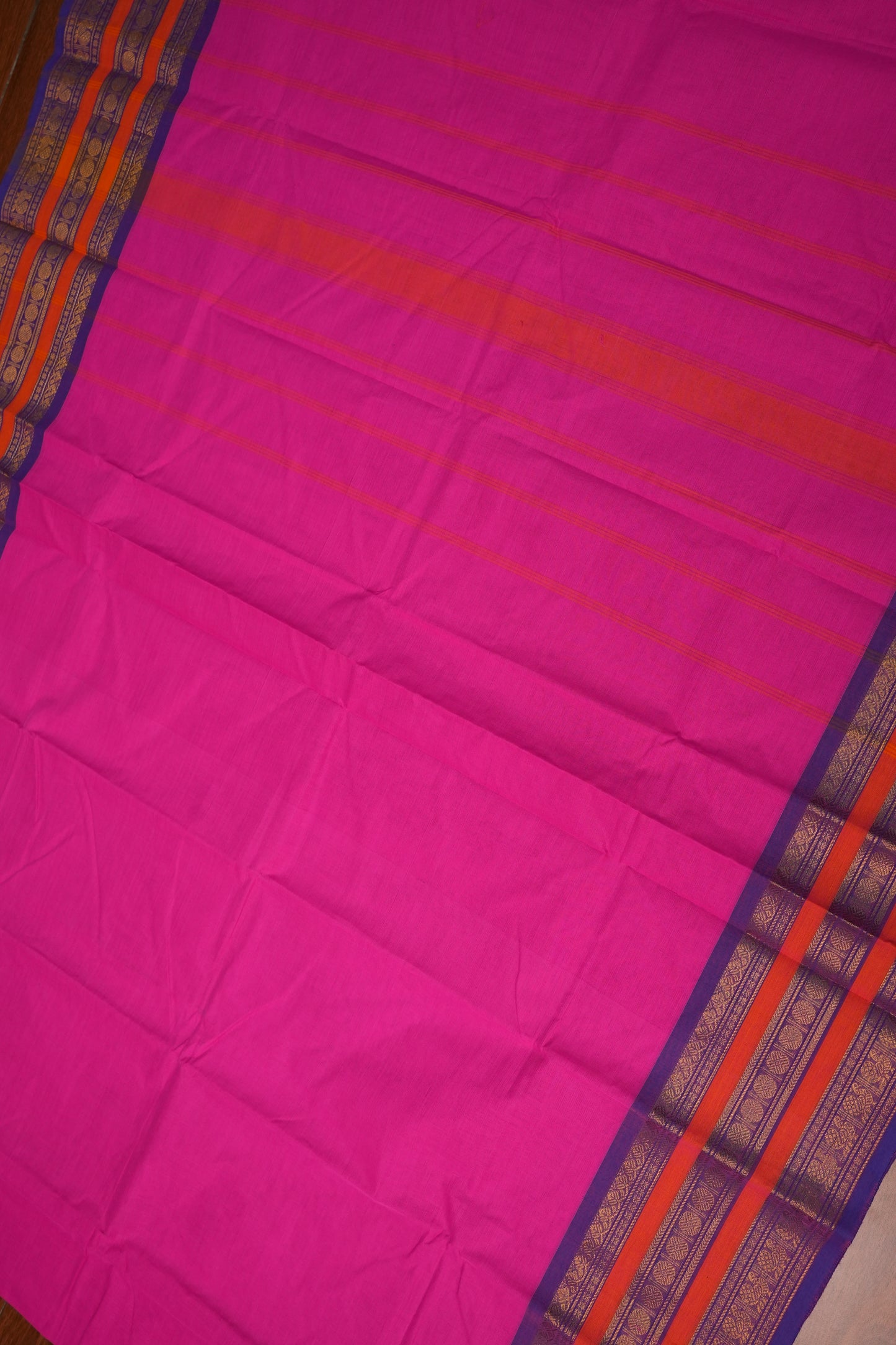 Pure Kanchi Cotton Saree – Rani Pink with Purple & Orange Zari Border