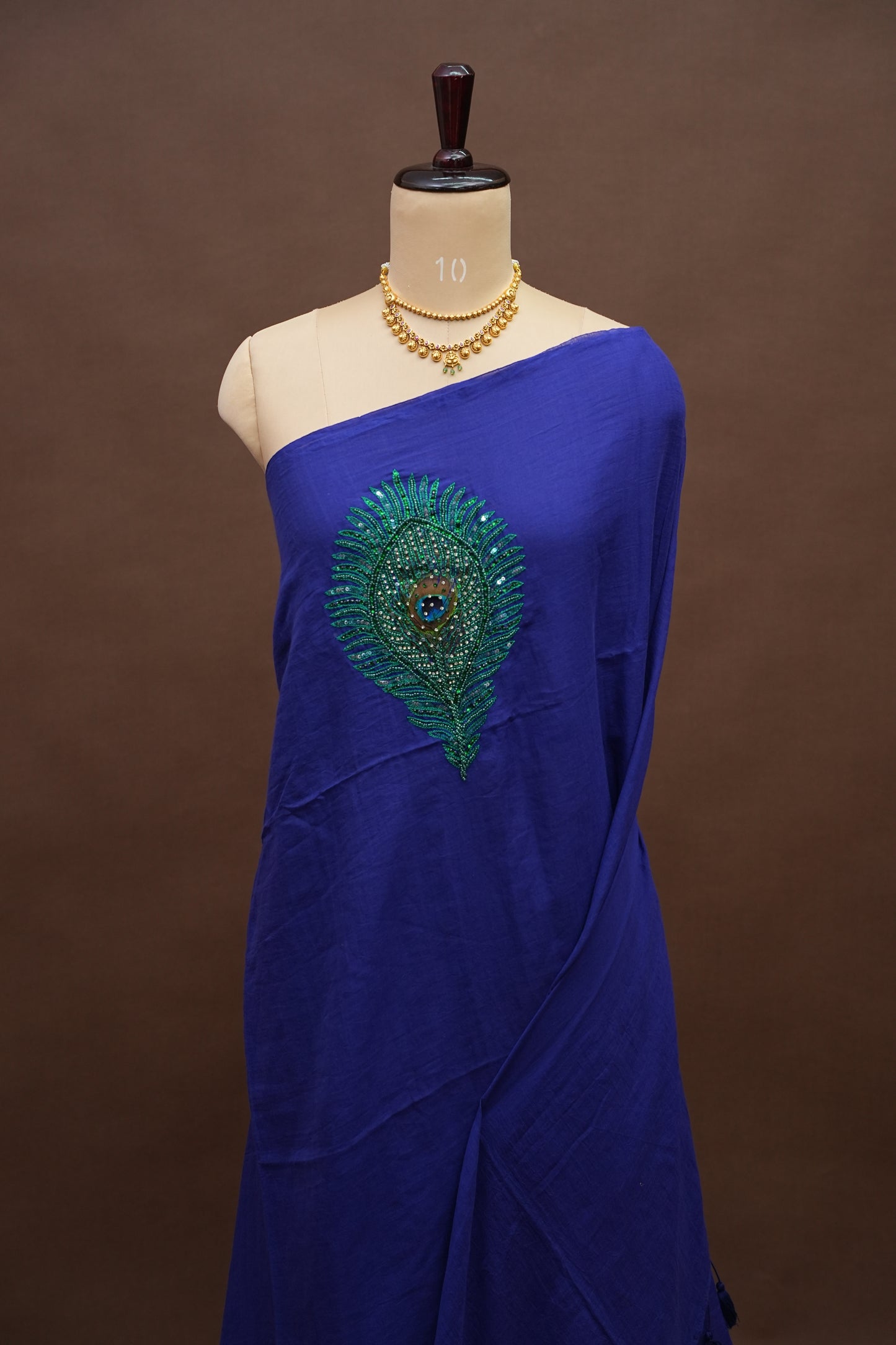 Royal Blue Mul Mul Cotton Party Wear Saree with Handcrafted Peacock Feather Embellishment