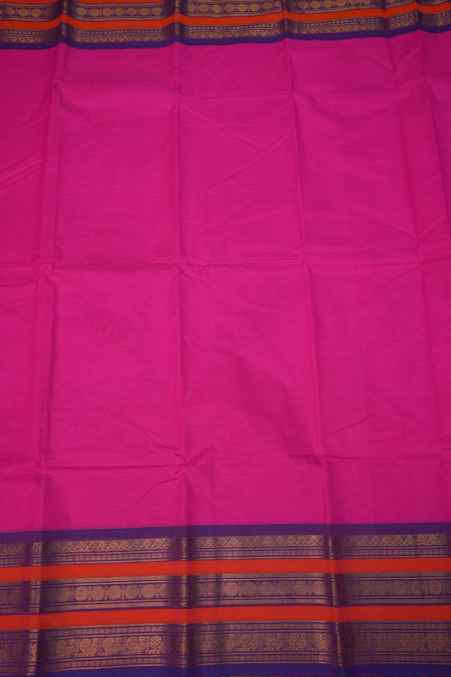 Pure Kanchi Cotton Saree – Rani Pink with Purple & Orange Zari Border