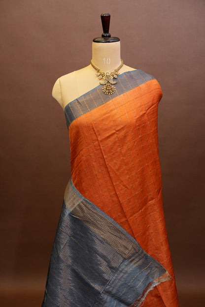 Pure Tussar Silk Saree with Handpainted Blouse-Orange|Silk Mark Certified