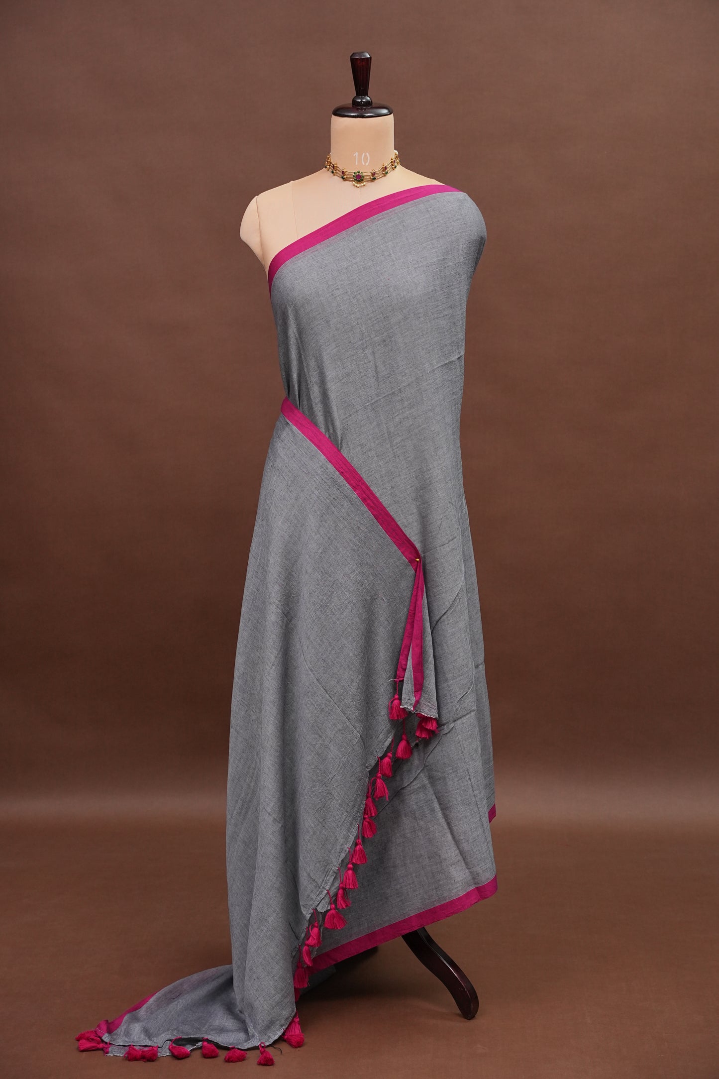 Mulmul Cotton Saree with Tassels - Grey