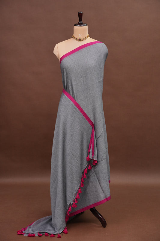 Mulmul Cotton Saree with Tassels - Grey